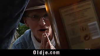 Two elderly men engage in a threesome with a daring young woman, including oral and doggystyle sex outdoors