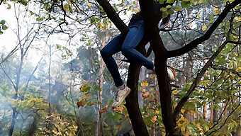 A Young Woman Ascends A Tree To Stimulate Herself - Lesbian Fantasy Involving Self-Pleasure And Fetishism